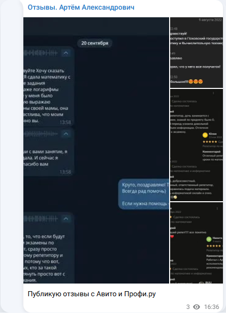 Скрин поста из Telegram-канала отзывов: отзывы с Авито и Профи.ру